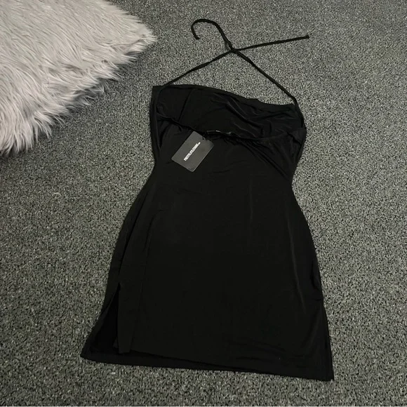 PRETTYLITTLETHING Black Slinky Halter-neck Cowl Neck Bodycon Mini Dress size 8 - Picture 9 of 16